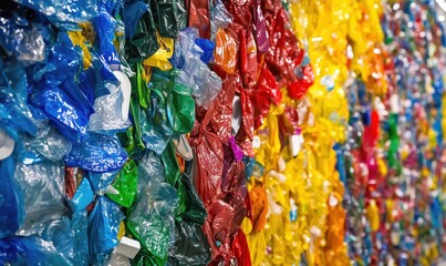 Colorful Wall of Recycled Plastic Bags Displaying Environmental Impact and Waste Management Solutions
