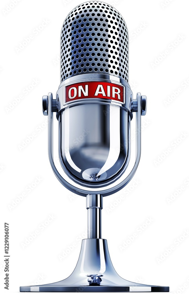 Poster high resolution 3d rendering of a microphone with a on air icon