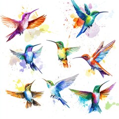 Watercolor hummingbirds , a social media profile page for a mobile app. Character sheet with different colors of birds on a white background. Watercolor splashes.