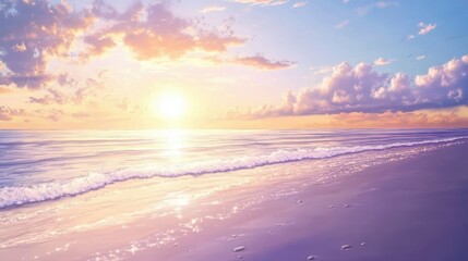 Fototapeta premium A calm beach with soft waves and a sunrise reflecting on wet sand, creating a tranquil and serene atmosphere