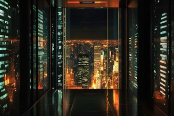 Views of a bustling financial district from a skyscraper elevator at night in a vibrant city, Financial City office Skyscraper Ascending City Elevator