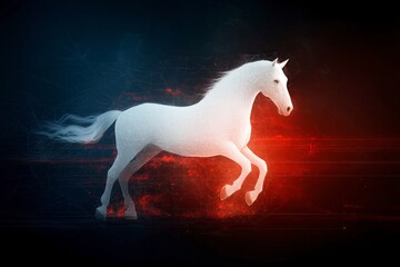 Majestic White Horse Running with Ethereal Glow Against a Dark Background of Dynamic Red and Blue Hues