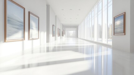 Obraz premium A bright, minimalist art gallery hallway with large, clean walls ready for display.