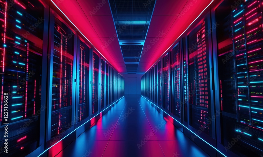 Poster futuristic data center corridor illuminated with vibrant blue and red lights, showcasing rows of hig