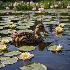Fototapeta premium A duck and her ducklings paddling through a pond of blooming water lilies.