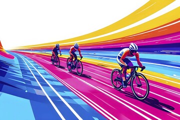 Cyclists in velodrome, neon color line art, AI generated
