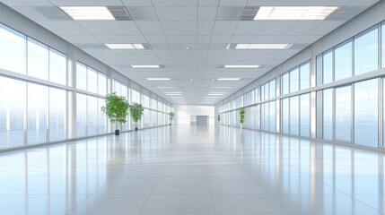 Obraz premium A clean and minimalist hall featuring white walls and large glass windows allowing natural sunlight.