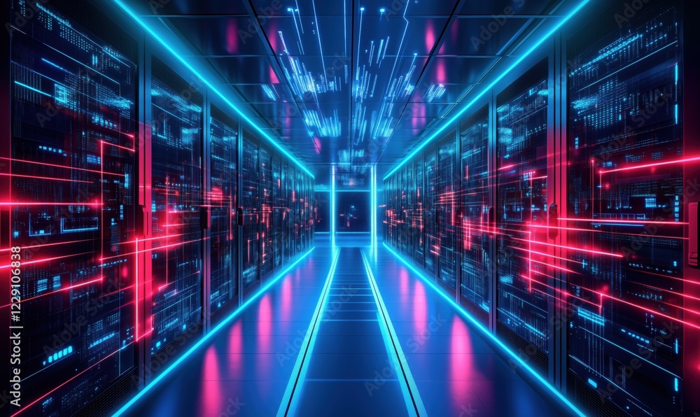 Poster futuristic data center corridor illuminated with neon lights, showcasing advanced technology and dig