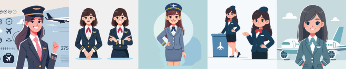 vector set of beautiful flight attendant characters