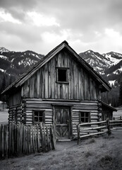 Obraz premium Rustic Log Cabin in Mountain Landscape Black and White Photo