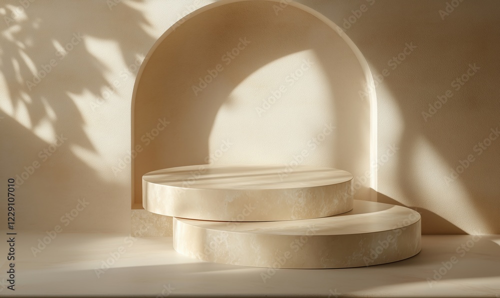 Poster minimalist display with circular pedestals and soft shadows in warm tones, showcasing elegant design