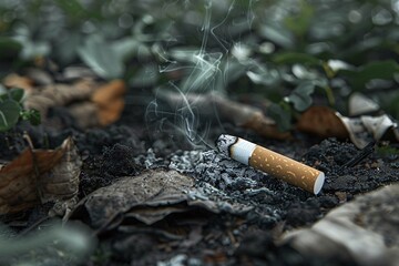 Burning cigarette butt on forest ground risking fire. KI generiert, generiert, AI generated