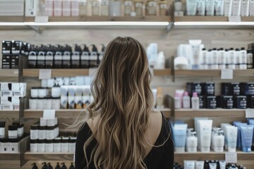 Young woman standing in front of shelves with cosmetic and makeup products in store. KI generiert, generiert, AI generated