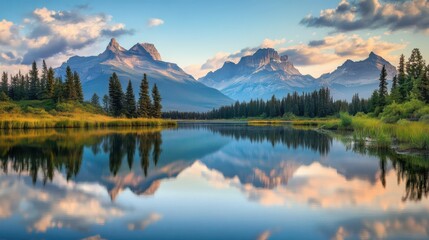A calm lake reflects surrounding mountains, trees, and the sky above, creating a peaceful scene with soft hues of blue and green