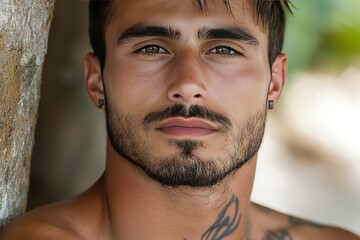 Obraz premium Close-Up Portrait of a Handsome Young Man with Tattoos and Intense Gaze Against Natural Background