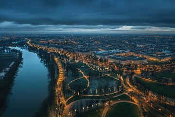 Fototapeta premium Aerial view of Ludwigsburg Germany showcasing evening lights along the river, Aerial view of Ludwigsburg in germany before Christmas on a cloudy afternoon in December
