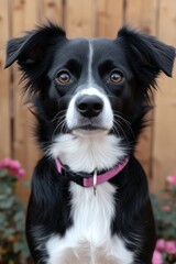 Friendly black and white dog poses in a garden with flowers on a sunny afternoon