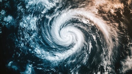 A powerful hurricane forming over the ocean, captured from a satellite view with detailed swirling clouds.