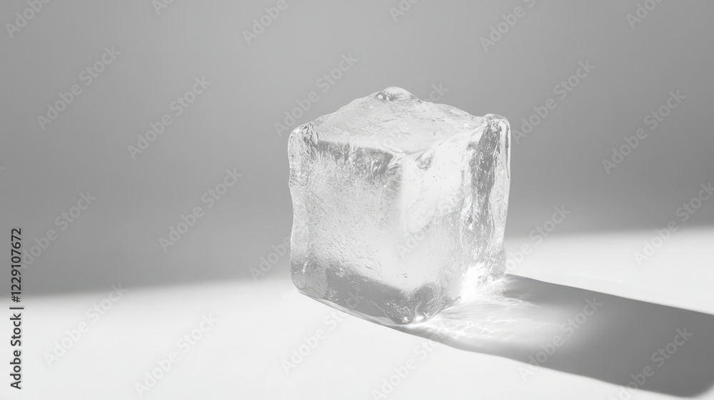 Poster a single ice cube casting a shadow on a white surface, showcasing minimalist design and texture in s