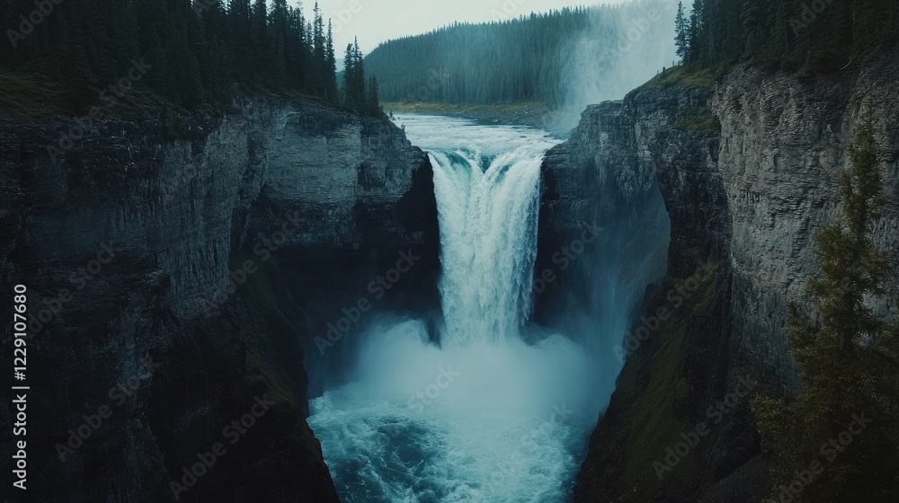 Poster aerial view of a large waterfall cascading into a deep gorge, surrounded by lush greenery. no people
