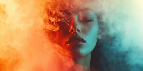 Mysterious woman shrouded in colorful smoke, ethereal beauty, captivating expression, vibrant hues of orange and blue, soft lighting, artistic portrait