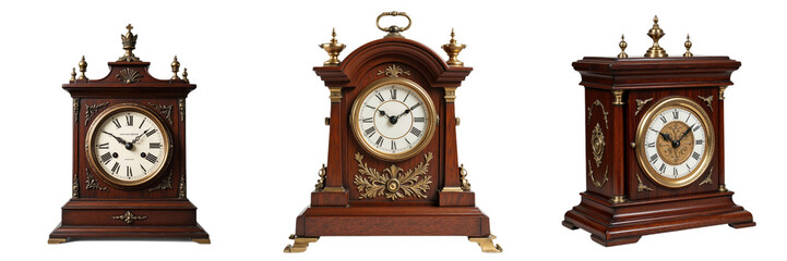 Antique Mantel Clocks Display with Brass Accents and Carvings