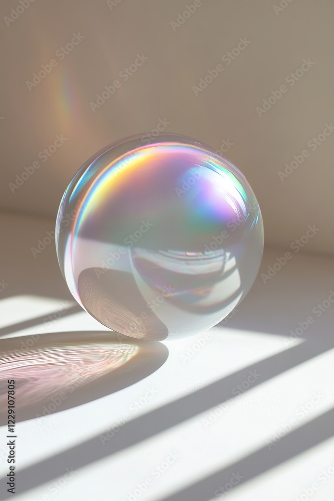 Poster a glass sphere with a rainbow reflection on it. the reflection is on the side of the sphere, creatin
