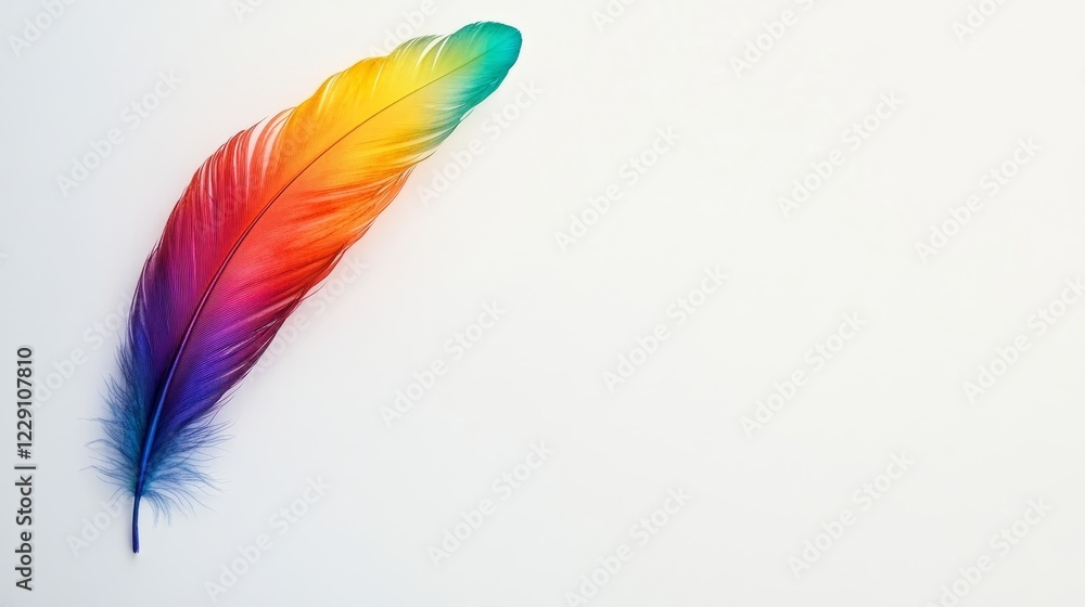 Poster a single vibrant feather displaying a spectrum of colors on a clean white background, highlighting i