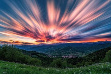 Obraz premium Dramatic sunset timelapse reveals moving clouds over a lush valley in the mountains, Sunset time-lapse - Clouds are moving by - Vertical composition