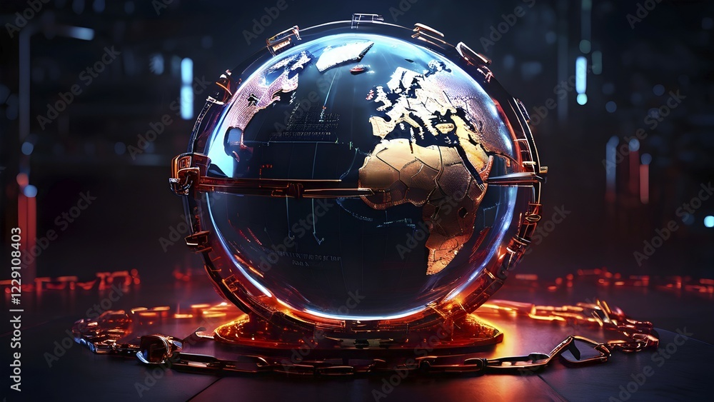 Aufkleber ai generated conceptual digital render showing a globe ensnared and locked by rusting steel chains