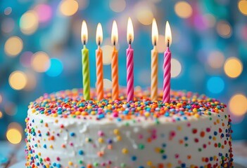 A birthday cake with nine lit candles and colorful sprinkles, with fairy lights in the background.