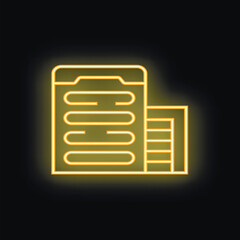 Yellow neon icon of a multi storey building glowing on a black brick wall