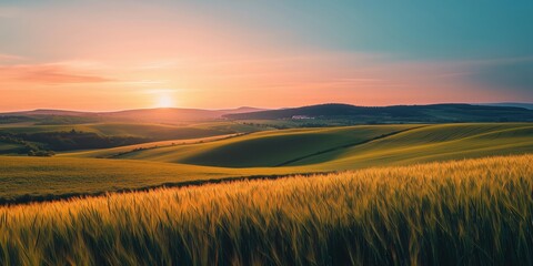 Obraz premium Golden wheat fields under vibrant sunset sky, rolling hills, serene landscape, warm colors, peaceful countryside, nature's beauty
