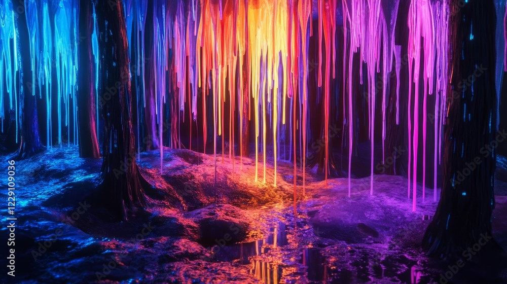 Poster a forest with colorful lights and water dripping from the trees. the lights are in different colors 
