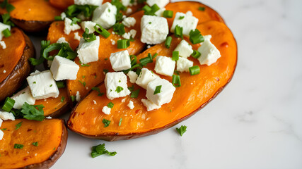 Tasty cooked sweet potatoes with feta cheese, green onion and parsley on white marble table, closeup. Space for text. Generative AI