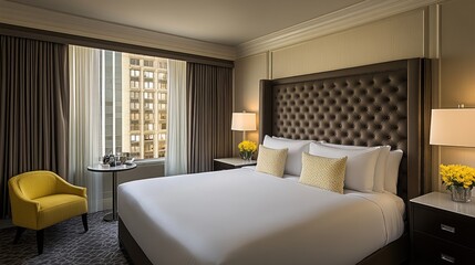 A contemporary bedroom featuring a large headboard, luxury bedding, and stylish decor elements.