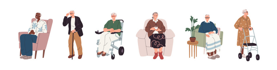 Elderly people set. Senior elder men, women sitting in armchair, wheelchair, walking with cane, walker. Old retired characters life, mobility. Flat vector illustration isolated on white background