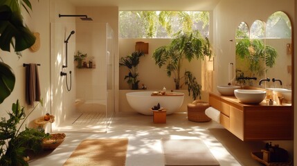 A contemporary bathroom featuring a rain shower, natural wood elements, and soft lighting.
