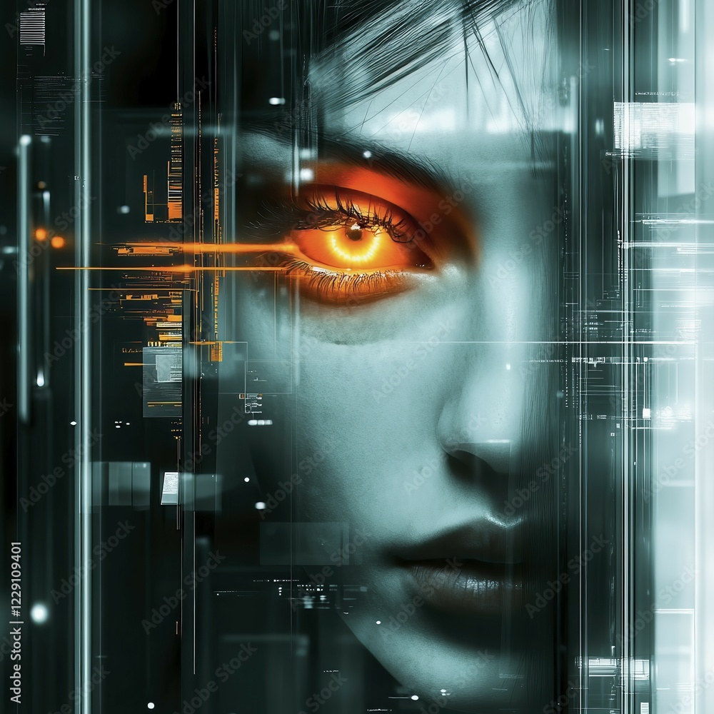 Aufkleber conceptual symbolism of artificial intelligence represented by a human face with a glowing orange ey