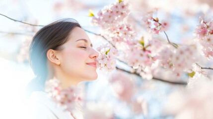 Fototapeta premium A woman smiling gently, surrounded by soft cherry blossoms in full bloom, evoking feelings of peace and springtime.