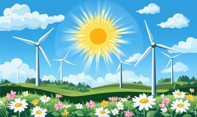 Renewable Energy Landscape with Wind Turbines, Sun, and Colorful Flowers in Vibrant Nature