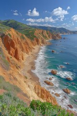 Fototapeta premium Coastal view of stunning rocky cliffs and serene ocean waves at a coastal location during daytime