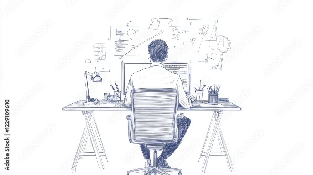 Poster rear view of person working at desk, surrounded by sketch-style work items.