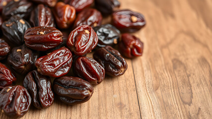 Obraz premium Tasty dried dates on wooden table, closeup. Space for text. Generative AI