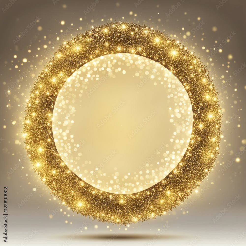 Poster golden circular frame with sparkling glitter on a soft gradient background, ai generated