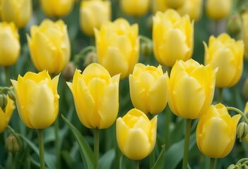 Fototapeta premium A close-up of yellow tulips in a garden setting