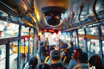 Camera for surveillance in a public bus. Control of critical infrastructures such as publicly accessible rooms and areas, CCTV, AI generated, AI generated, AI generated