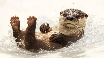 A playful otter floating on its back, surrounded by white water
