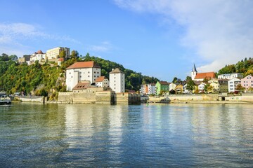 Fototapeta premium Castle Veste Oberhaus and Niederhaus and Ilzstadt, Danube, Passau, Lower Bavaria, Bavaria