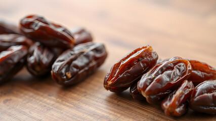 Obraz premium Tasty dried dates on wooden table, closeup. Space for text. Generative AI